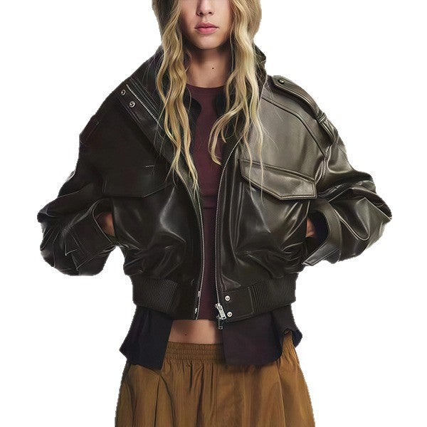 Damen Kunstlederjacke im urbanen Stil mit Stehkragen und praktischen Taschen Drune