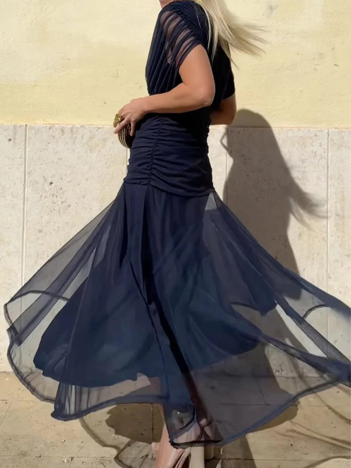 Damen nan fließendes Abendkleid mit transparentem Chiffon-Capelet, V-Ausschnitt und taillierter Drapierung Drune