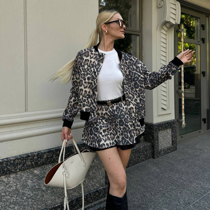 Damen Set bestehend aus Leopardenmuster-Blouson und Rock Drune