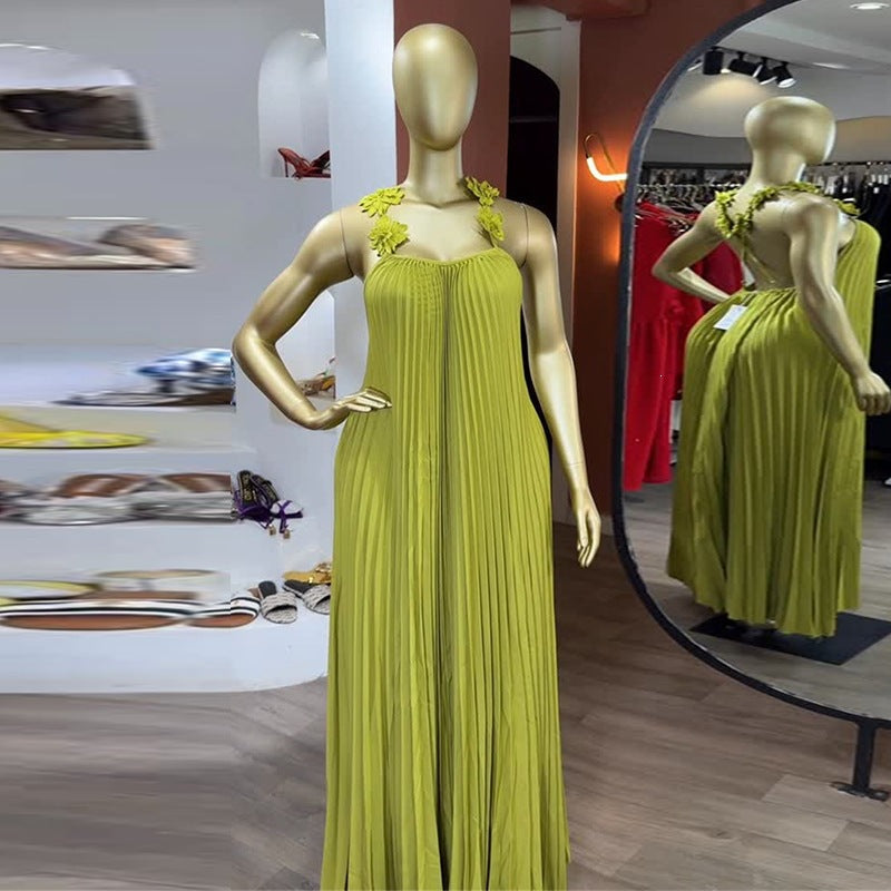 Damen Elegantes Maxikleid mit lässigem Faltenwurf und dekorativen Schulterblüten Drune