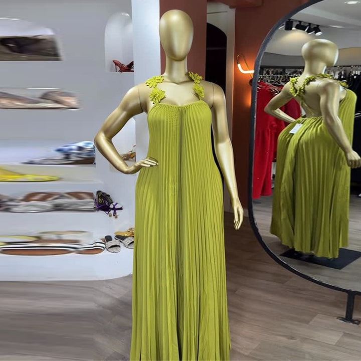 Damen Elegantes Maxikleid mit lässigem Faltenwurf und dekorativen Schulterblüten Drune