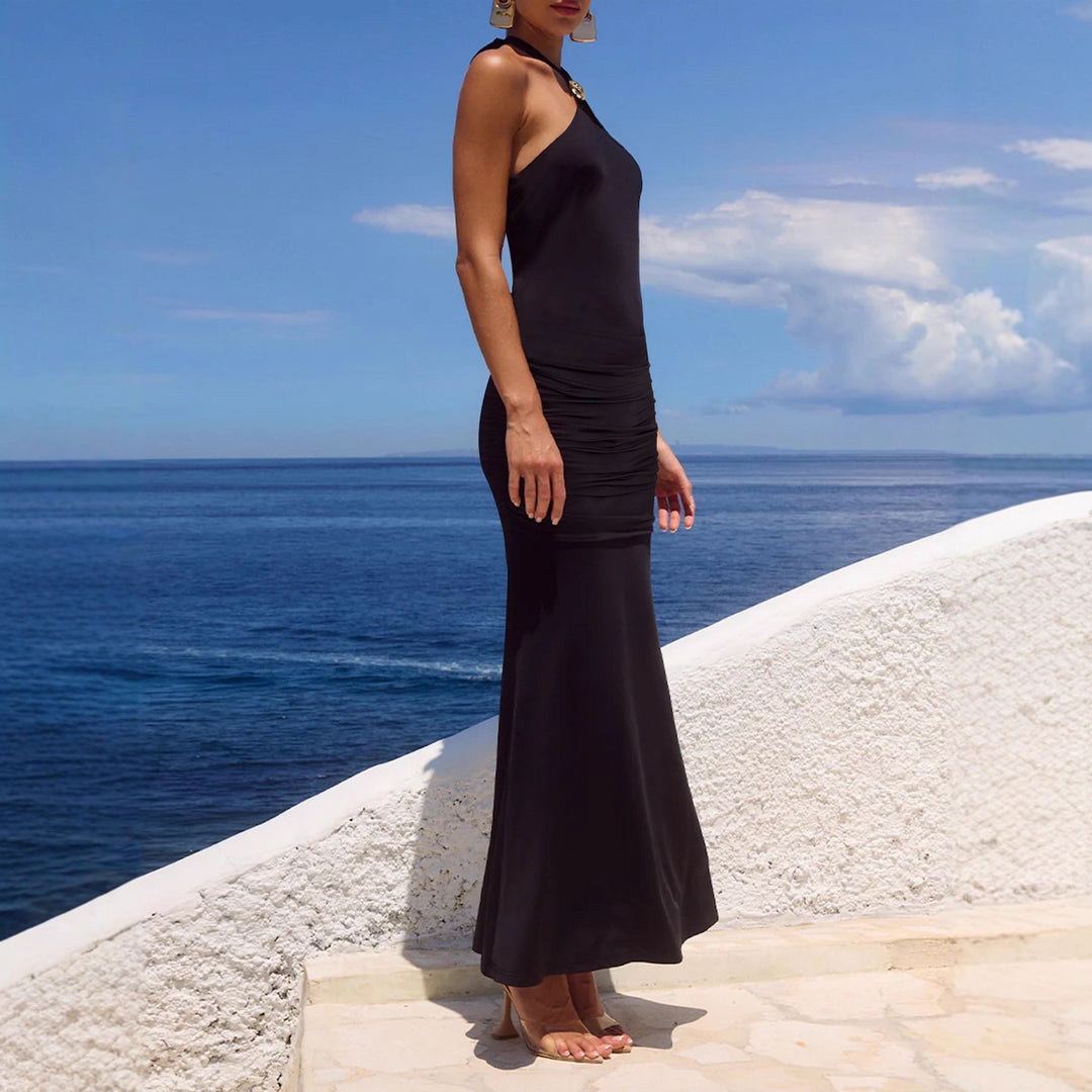 Damen Elegantes Maxi-Kleid mit sphärischem Halterneck und raffinierter Raffung Drune