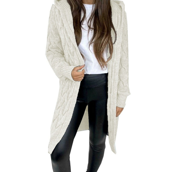 Damen lange Strickjacke mit Kapuze und Zopfdesign Drune