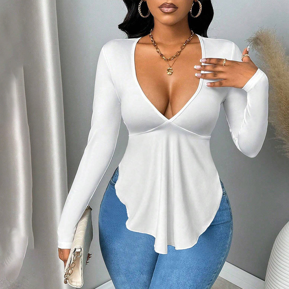 Damen elegantes Langarmshirt mit verführerischem V-Ausschnitt und modischem Schnitt Drune