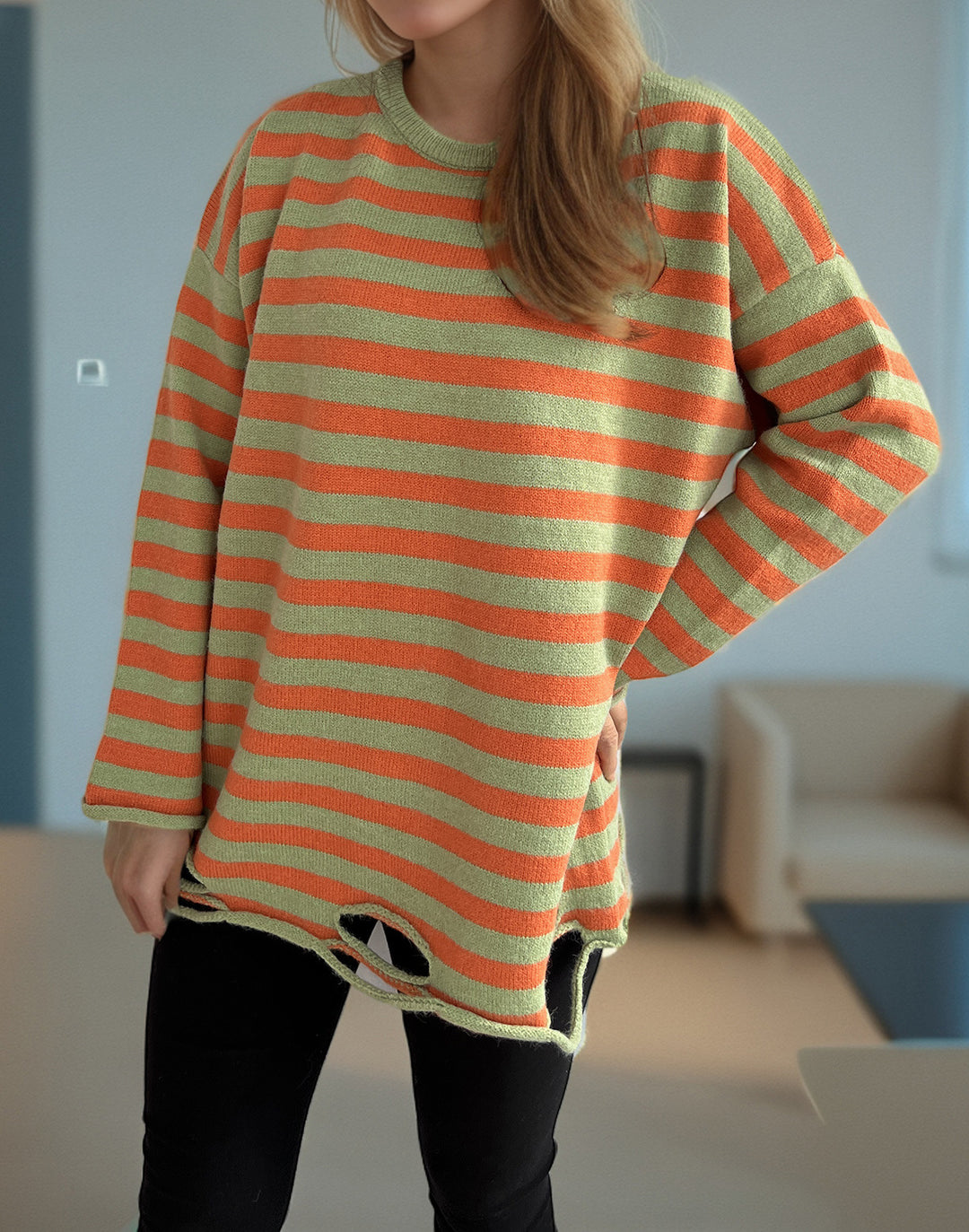 Damen lässiger Oversize-Pullover mit breiten Streifen Drune