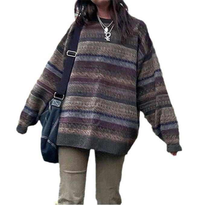 Damen kuscheliger Oversized-Pullover mit buntem Streifenmuster und weiten Ärmeln Drune