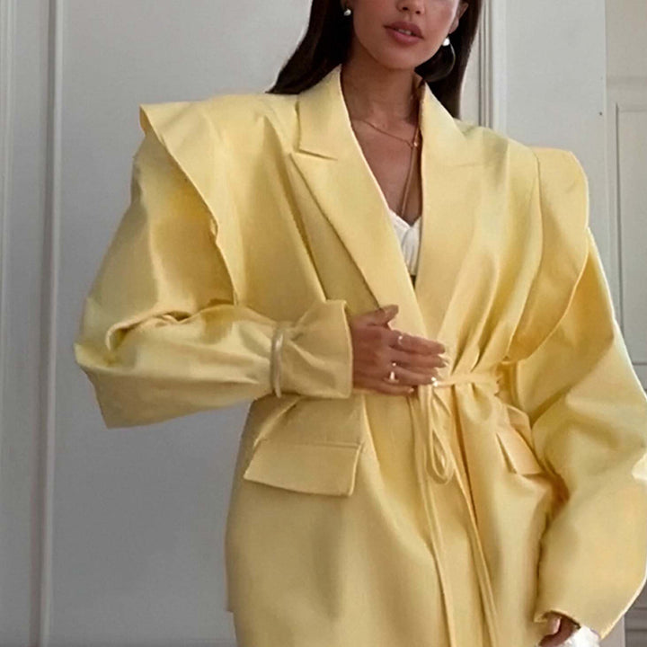 Damen Oversized Blazer mit Taillengürtel und eleganten Puffärmeln Drune