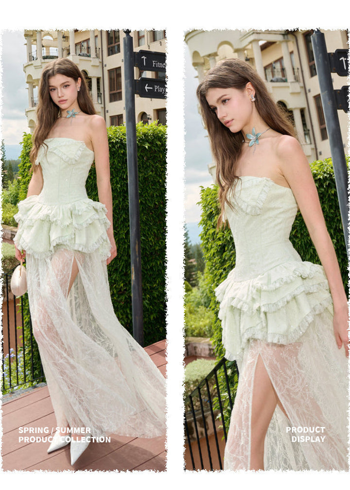 Damen Elegantes und luftiges Abendkleid mit Rüschendetails und transparentem Rock Drune