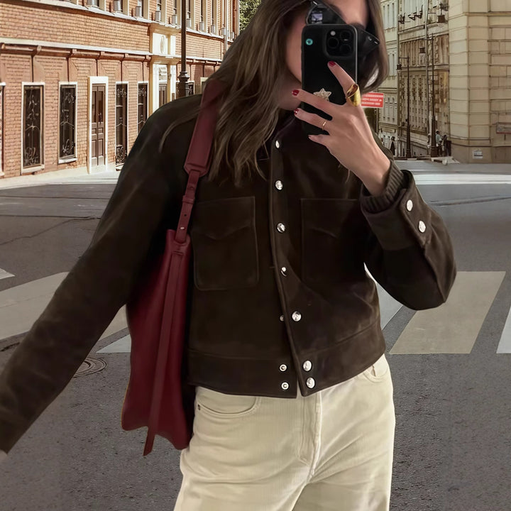 Damen Modische Wildlederjacke mit strukturiertem Design und praktischen Taschen Drune