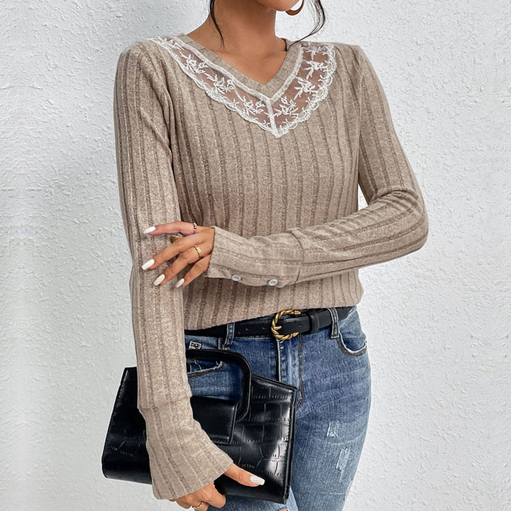 Damen Langarmshirt mit Spitzenakzenten und geripptem Design Drune