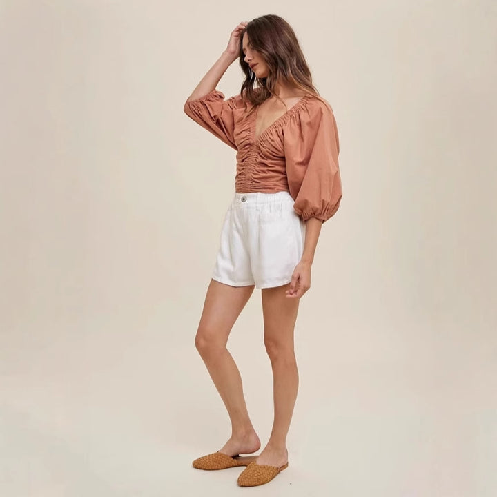 Damen cropped Bluse mit Puffärmeln Drune