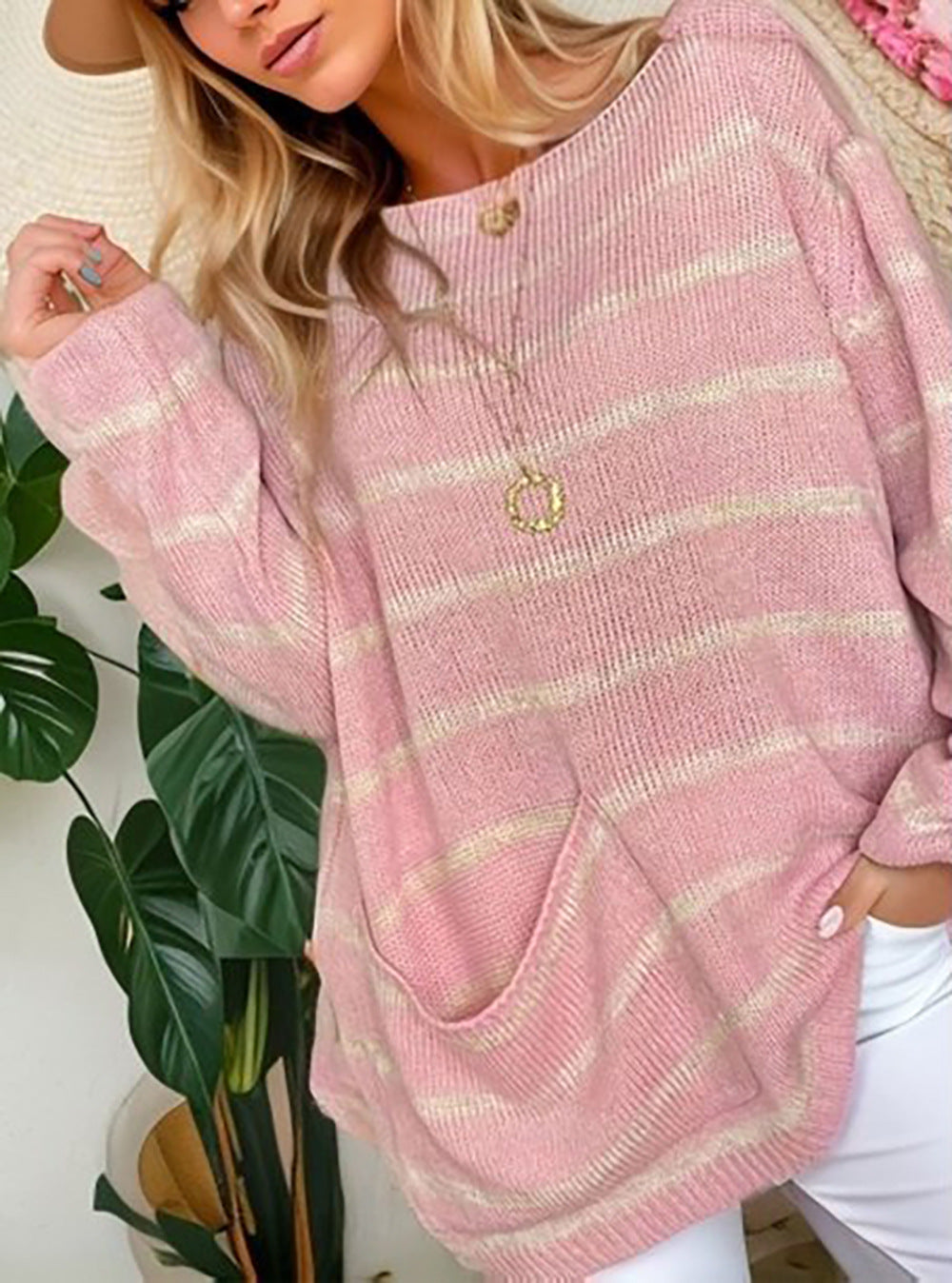 Damen lässiger Strickpullover mit langen Ärmeln und großzügigen Taschen Drune