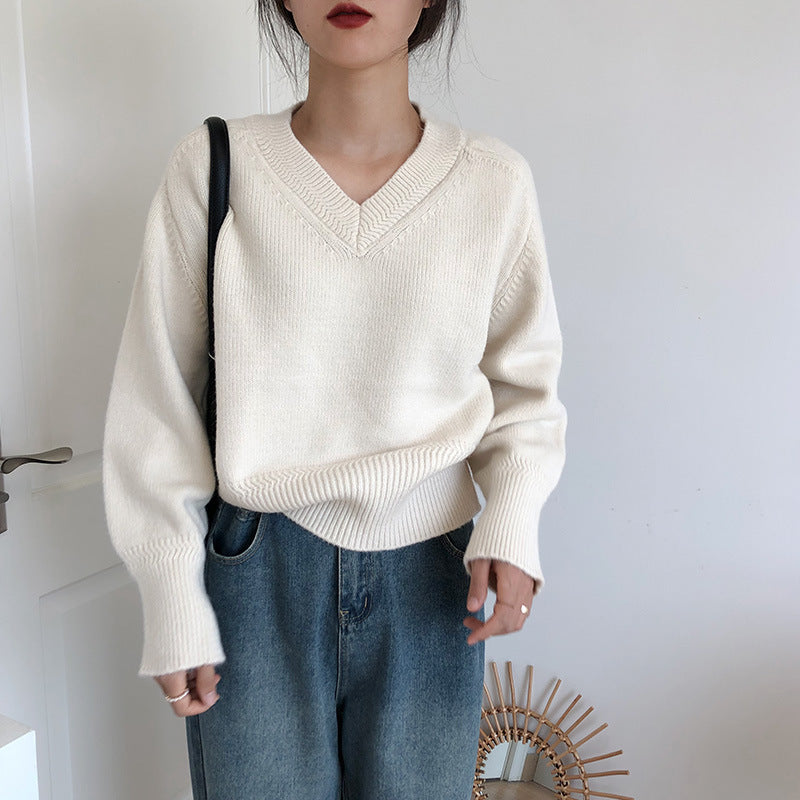 Damen V-Ausschnitt Pullover mit weitem Bündchen Drune