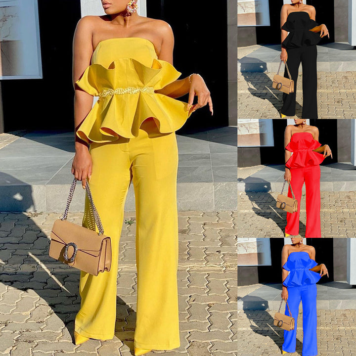 Damen Jumpsuit mit voluminösem Rüschendesign und schulterfreiem Oberteil Drune