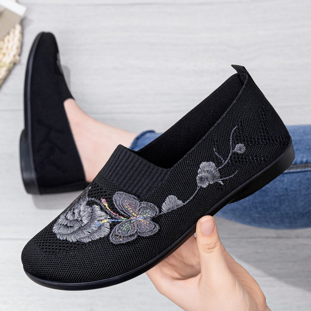 Damen nan bestickter Strick-Slipper mit sockenähnlichem Einstieg, floralem Stickmotiv und gedämpfter Leichtsohle Drune