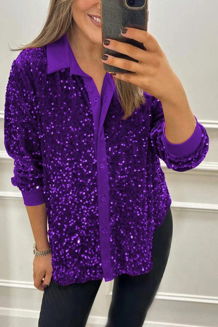 Damen Funkelnde Paillettenbluse mit klassischem Kragen Drune