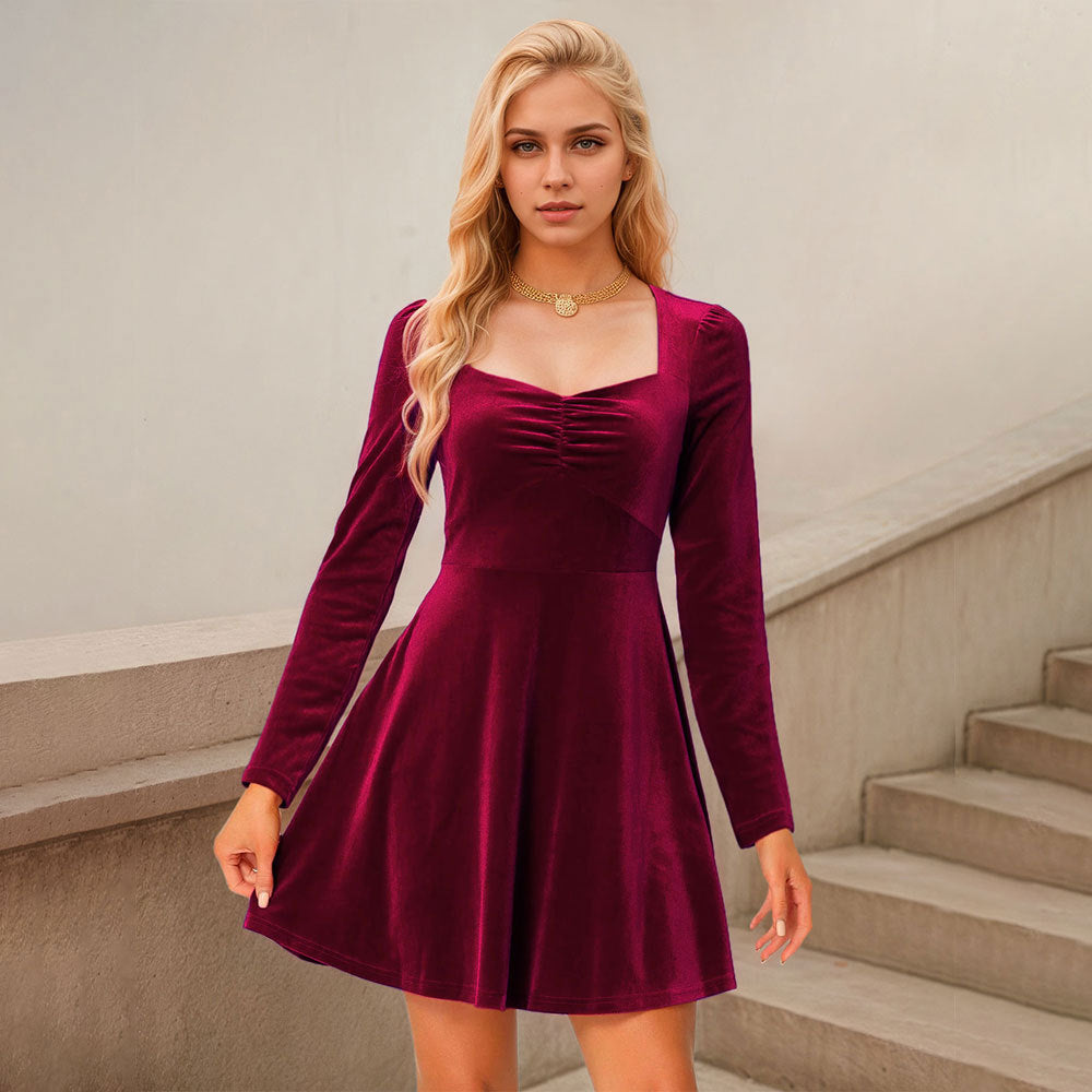 Damen Samt Minikleid mit quadratischem Ausschnitt und langen Ärmeln Drune