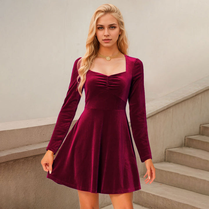 Damen Samt Minikleid mit quadratischem Ausschnitt und langen Ärmeln Drune