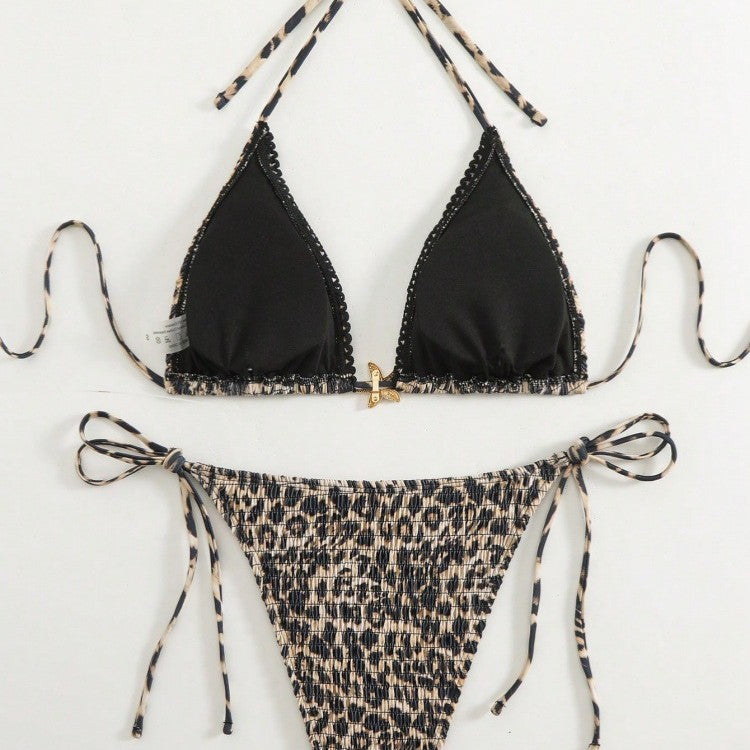 Damen Triangel-Bikini mit modischem Leopardenmuster und seitlichen Bindebändern Drune