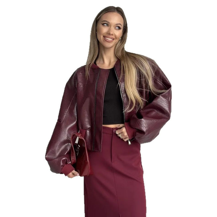 Damen trendige cropped Kunstlederjacke mit voluminösen Ärmeln Drune