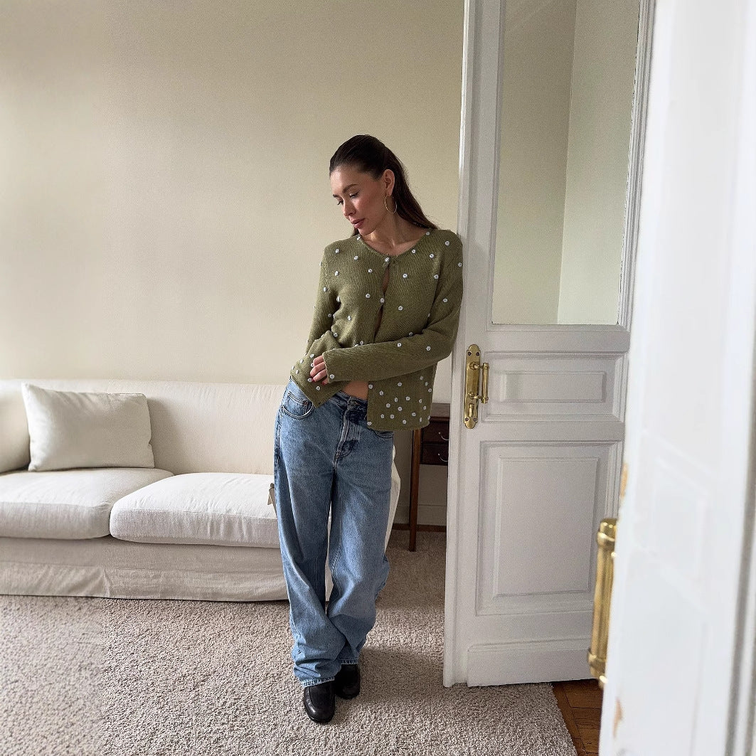 Damen bequemer Strickpullover mit dekorativen Pünktchen Drune