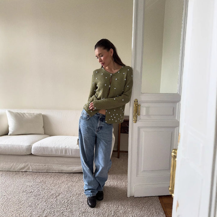 Damen bequemer Strickpullover mit dekorativen Pünktchen Drune