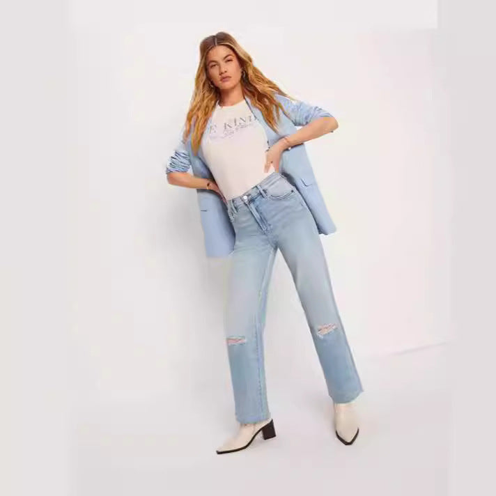 Damen High-Waist Jeans mit fransigem Saum und modischen Rissdetails Drune
