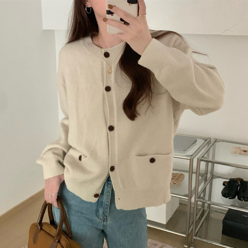 Damen gemütlicher Strickcardigan mit praktischen Taschen und Knopfverschluss Drune