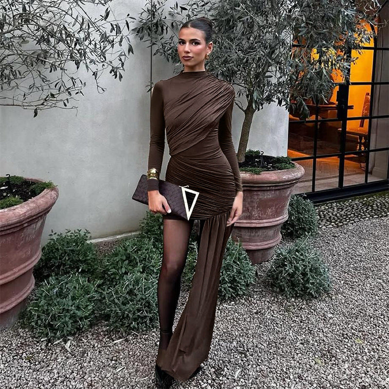 Damen elegantes Wickelkleid mit asymmetrischem Schnitt und langem Ärmel Drune