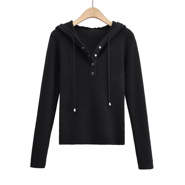 Damen lässiger Strickpullover mit Kapuze und Knopfleiste Drune
