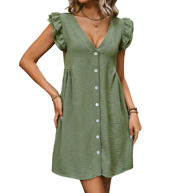 Damen Freizeitkleid mit Rüschendetails und knöpfbarem Ausschnitt Drune