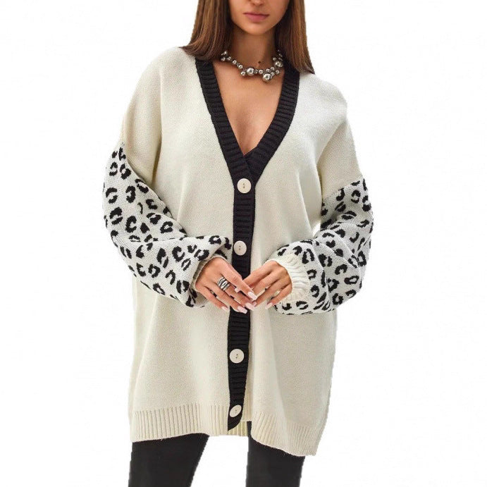 Damen Grobstrick Cardigan mit Leopardenmuster und Knopfdetaillierung Drune