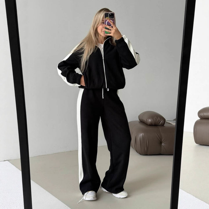 Damen sportlicher Fleece-Jogginganzug mit hohem Kragen und seitlichen Streifen Drune