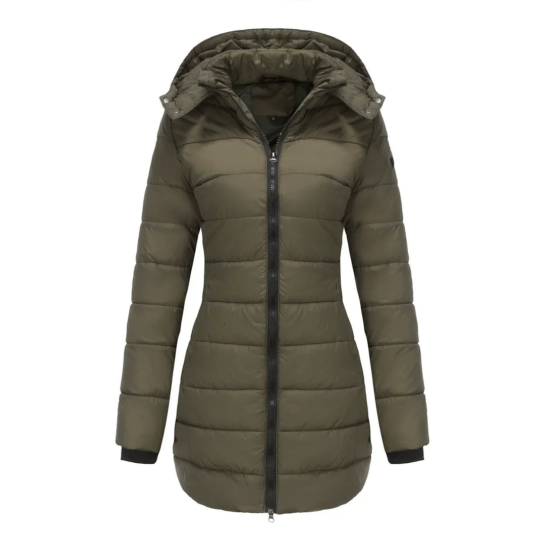 Drune | Damen Pufferjacke – Gepolstert isoliert – Abnehmbare Kapuze – Rippbündchen – Mittellange Passform