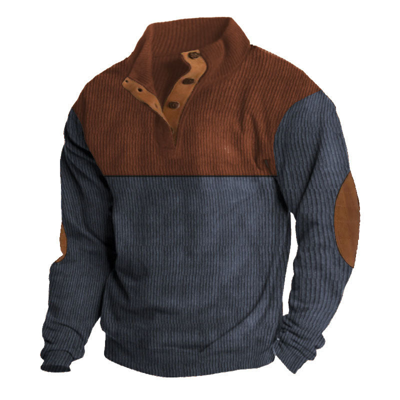 Herren nan gerippter Pullover mit Stehkragen, Knopfleiste und Ellbogen-Patches Drune