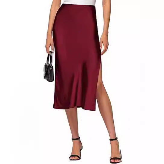 Damen Satin-Midirock mit hohem Schlitz Drune