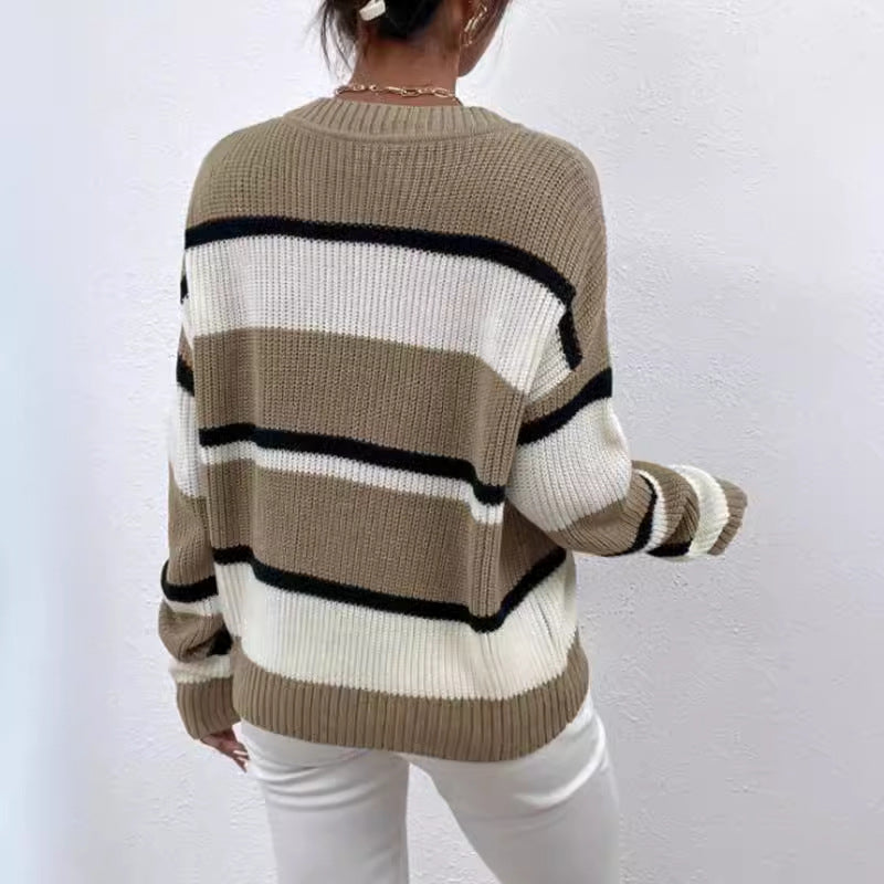 Damen modischer V-Ausschnitt Strickpullover mit breiten Streifen Drune