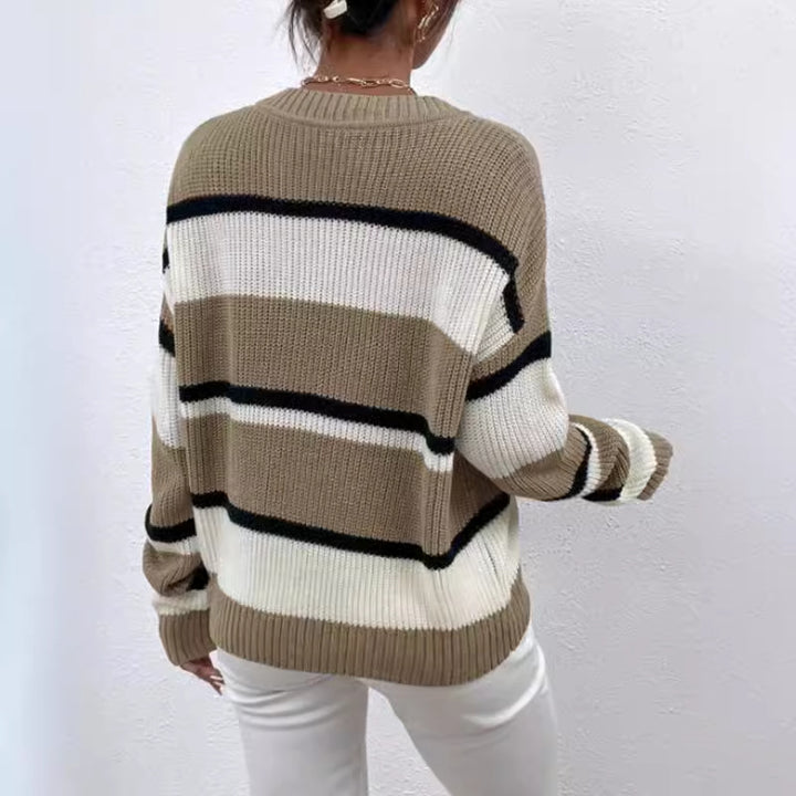 Damen modischer V-Ausschnitt Strickpullover mit breiten Streifen Drune