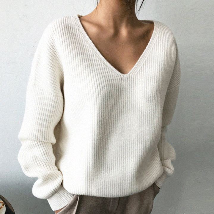 Damen kuscheliger V-Ausschnitt Pullover mit Rippstruktur Drune