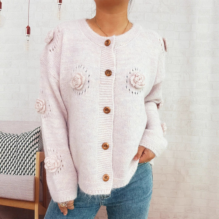 Damen Strickjacke mit floralen Applikationen und dekorativen Knöpfen Drune
