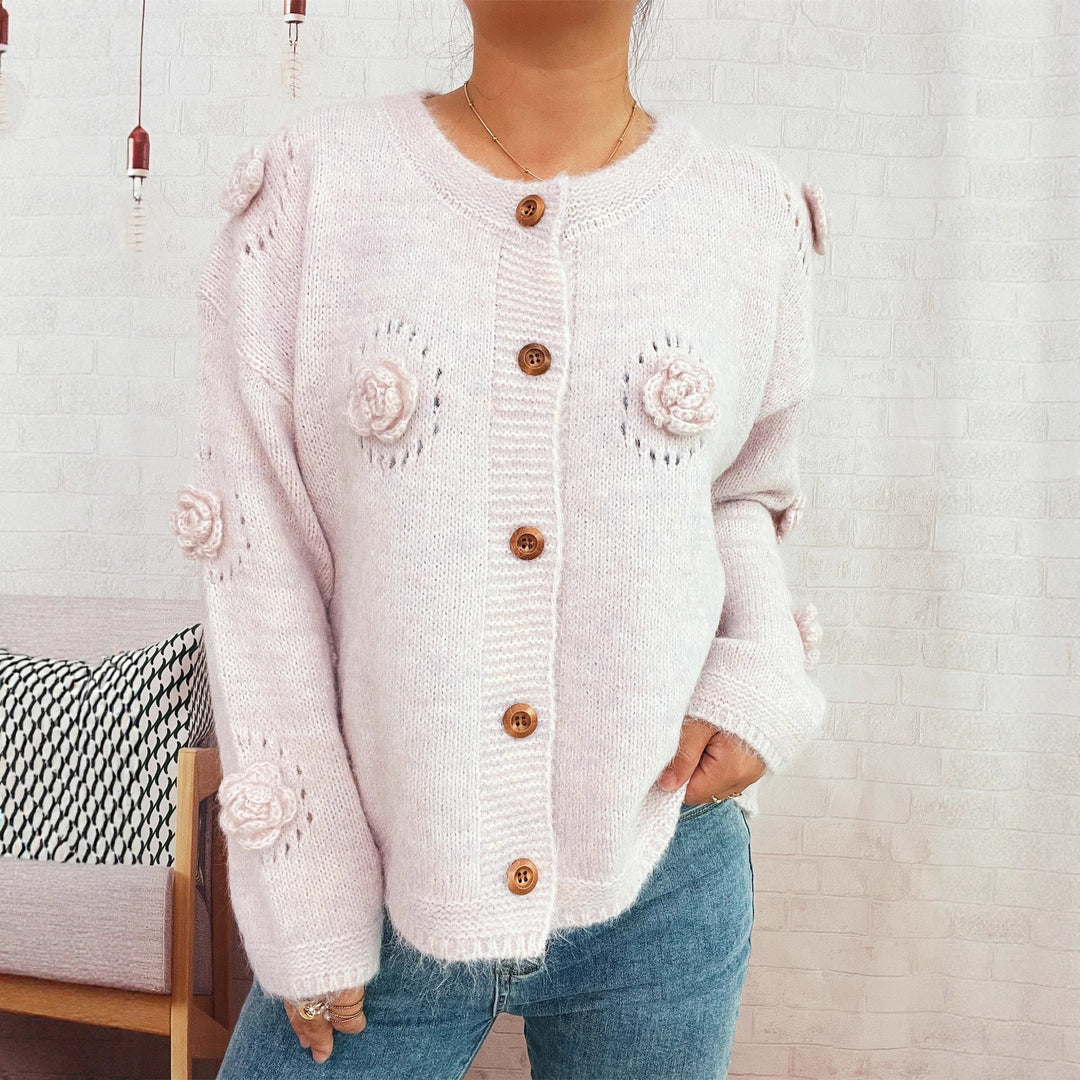 Damen kuschelige Strickjacke mit floralen Applikationen und Knopfverschluss Drune