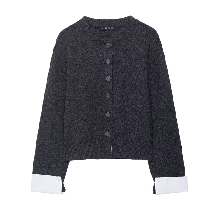 Damen modische Strickjacke mit kontrastierenden Ärmeln und durchgehender Knopfleiste Drune