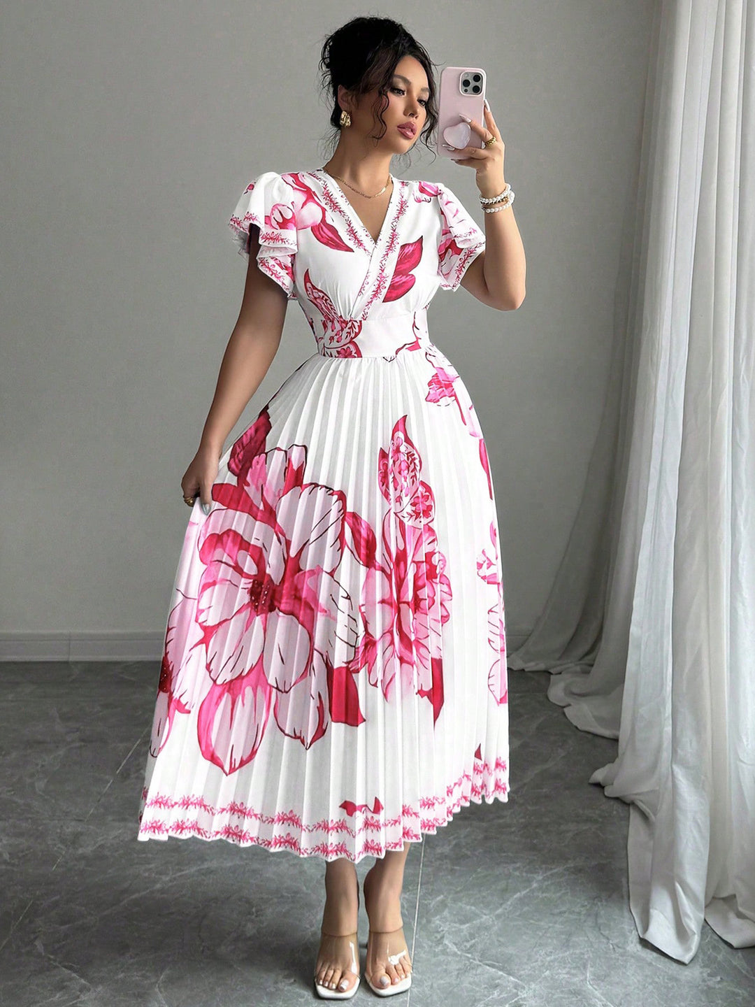 Damen Plissiertes Maxi-Jersey-Kleid mit floralen Akzenten und V-Ausschnitt Drune