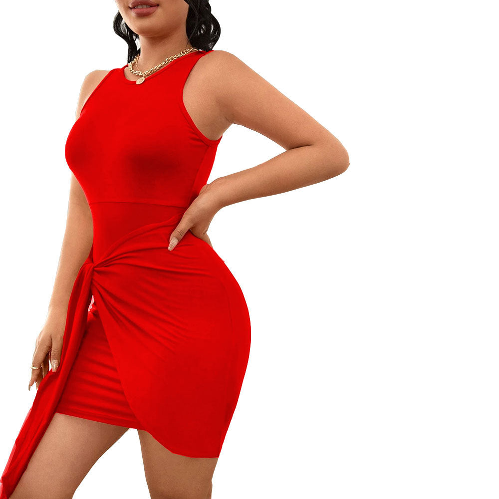 Damen Minikleid mit seitlichem Bindegürtel und tiefem Rundhalsausschnitt Drune