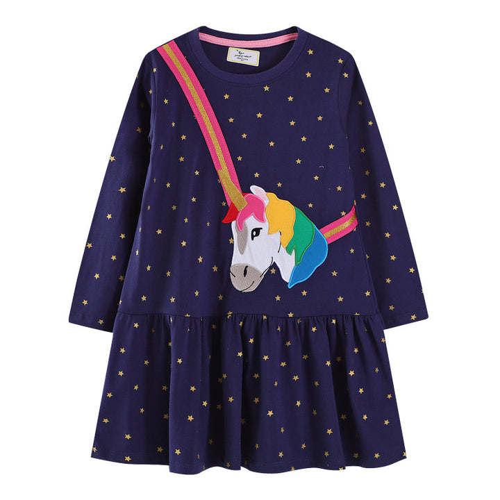 Mädchen Langarmkleid mit zauberhaftem Einhorn-Applikationsdesign Drune