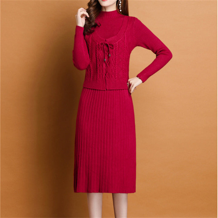 Damen elegantes Strickkleid mit hochgeschlossenem Kragen und dekorativem Zopfdesign Drune