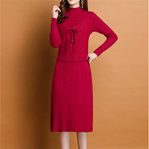 Damen elegantes Strickkleid mit hochgeschlossenem Kragen und dekorativem Zopfdesign Drune