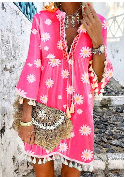 Damen Strandkleid mit floralen Motiven und Quastenverzierungen Drune