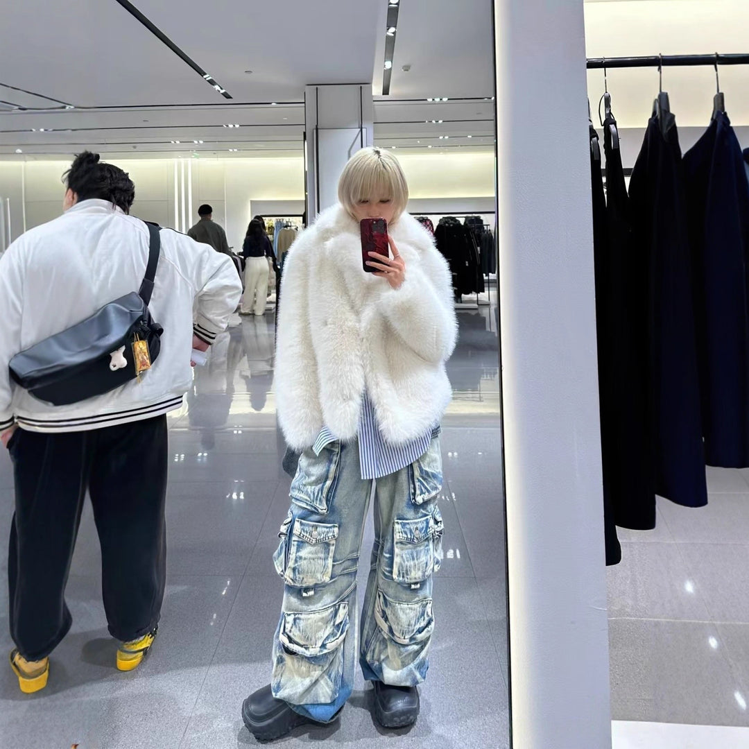 Damen kuschelige Oversize-Jacke mit auffälligem Kragen Drune