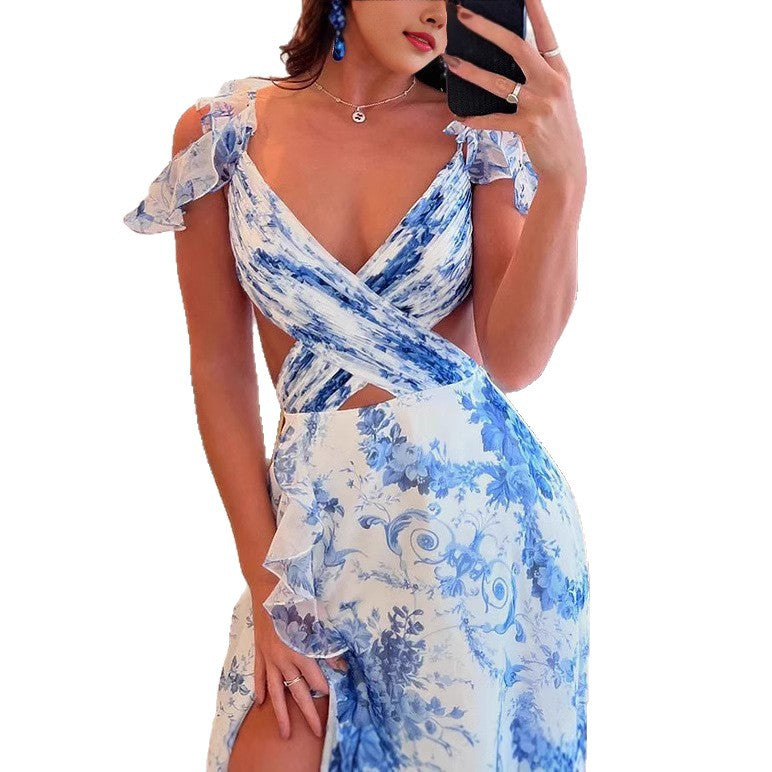 Damen Maxikleid mit romantischen Rüschen und floralem Schnitt Drune